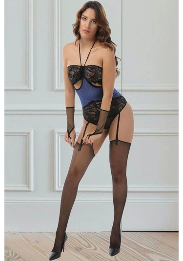 Mavi Siyah Dantelli Jartiyer Takım - 844 Çok Renkli