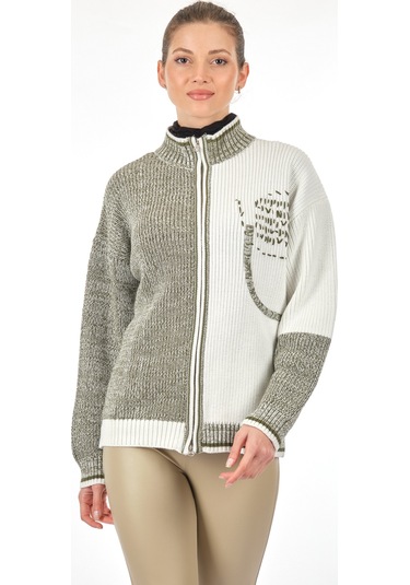 Unique Mode Dik Yaka Yazılı Uzun Kollu Haki Kadın Hırka UW231062 Haki