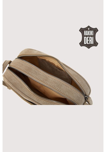 Hakiki Deri Kadın Çapraz Omuz Çantası Vizon Süet Smr8975 Vizon Süet