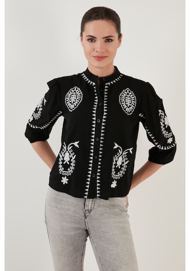 Lela Nakış Işlemeli Truvakar Kol Hakim Yaka Pamuklu Şile Bezi Bayan Gömlek 611Bz0044 Siyah-Ekru