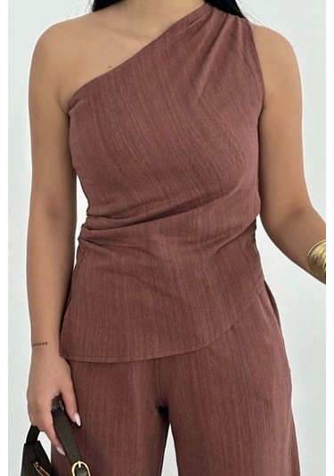 Keten Asimetrik Tek Omuzlu Bluz Pantalon Takım- Bordo Bordo