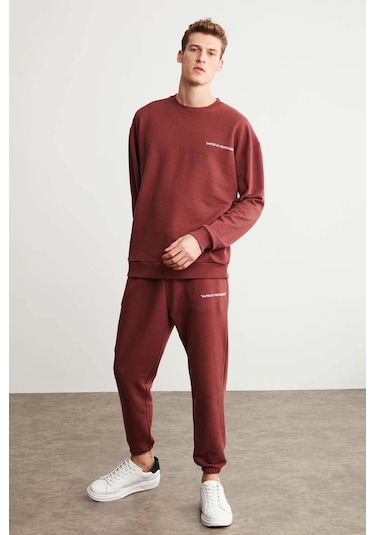 Marshall Erkek Pamuklu Içi Polarlı Nakışlı Relaxed Bordo Eşofman Takımı