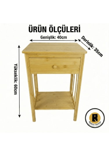 Doğal Bambu Tek Çekmeceli Raflı Komodin Yan Sehpa Bej