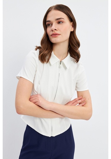 Stella Pulvis Beyaz Fermuarlı Slim Fit Kuplu Bluz Beyaz