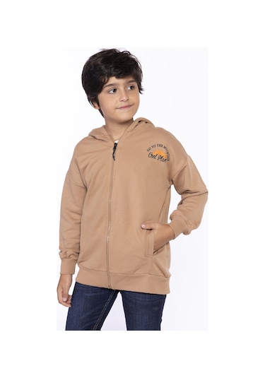 Toontoy Erkek Çocuk Baskılı Kapşonlu Hırka Kahverengi