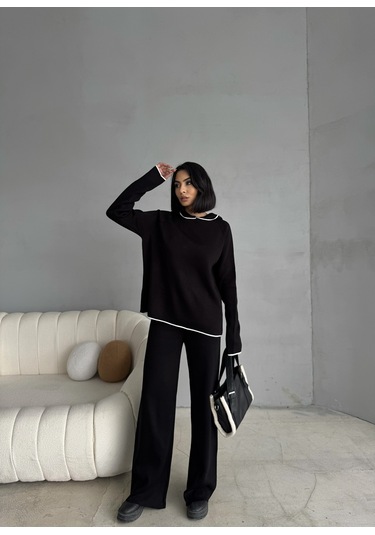 Kadın Kapüşonlu Çizgi Detaylı Triko Alt-üst Takım Siyah