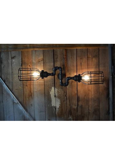2 'li Borulardan Duvar Lambası Hediyelik Duvar Apliği Vintage Siyah