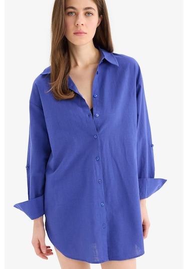 DeFacto Regular Fit Pamuklu Plaj Gömleği-Fall in Love W8241AZ25SMBE114 Mavi