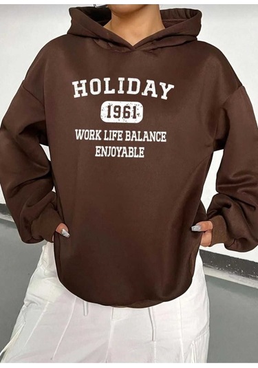 Kozia Outdoors Kapşonlu Baskılı Unisex Oversize Sweatshirt Kapsonlar1 Kahve