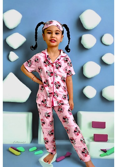 Kız Çocuk Sevimli Baskı Desenli Kısa Kol Pijama Takımı 3 Parça Pembe