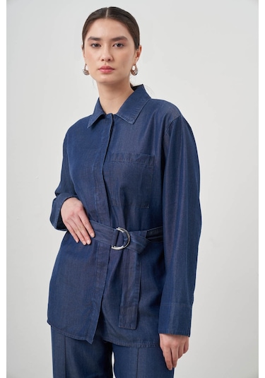 Mizalle Tencel Dokulu İndigo Tunik Mavi