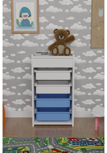 4 Sepetli Oyuncak Dolabı Çok Amaçlı Dolap Beyaz - Beyaz&Mavi Beyaz