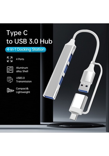 Fastbuy Alüminyum Gövde 4 Port Usb 3.0 Hub - Usb Type-c Çift Girişli Genişletme Dönüştürücü Gümüş