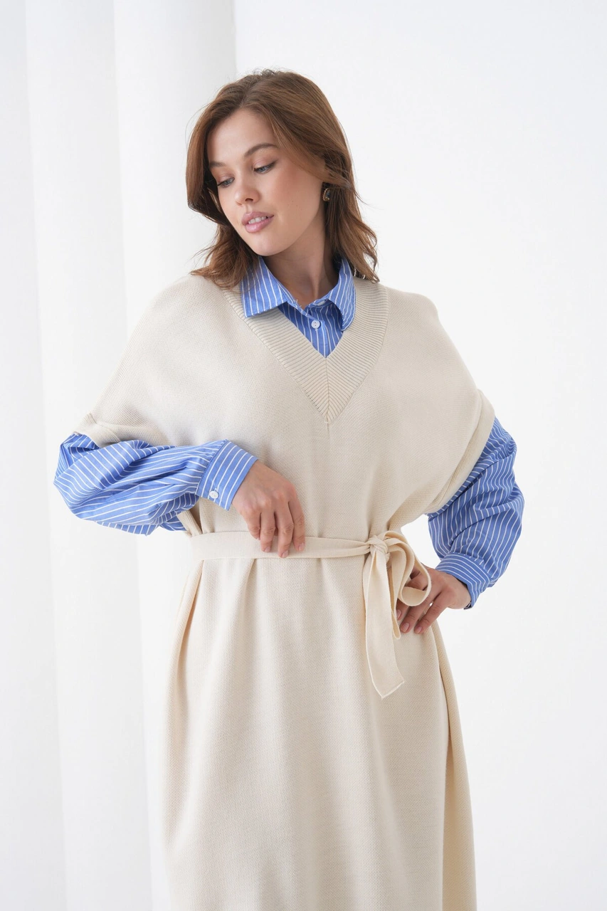 Kadın Uzun Kol Gömlek Yaka İçi Gömlekli Triko Kuşaklı Triko Spor Şık Elbise Bej