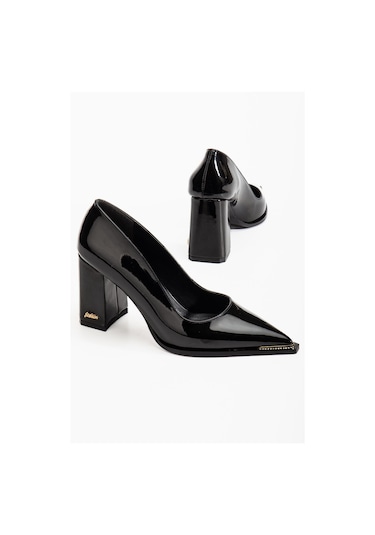 Suins Premium Verty Model Kadın Kalın Topuklu Burnu Taşlı Rugan Stiletto Ayakkabı Siyah