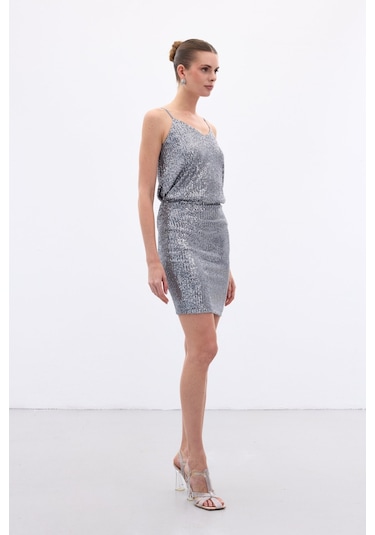 Sateen Payetli Mini Etek - Gri-136650 Gri