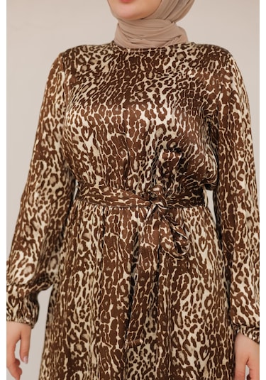 Armine Trend Leopar Desenli Beli Kemerli Elbise Kahverengi 24kt904 Kahverengi