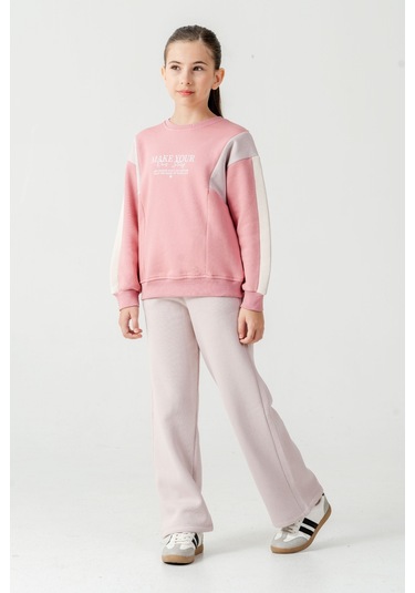 Kız Çocuk Make Your Baskılı 3 İplik Kalın Kışlık Eşofman Takımı Ak4227 Pembe