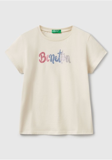 Kız Çocuk Krem Simli Logo Baskılı T-shirt Bej