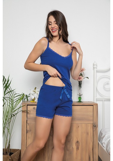 Kadın Saks Renkli Dantel Detaylı Şortlu Ve Taytlı Pijama Takımı 3'lü Set 75006 Saks Mavisi