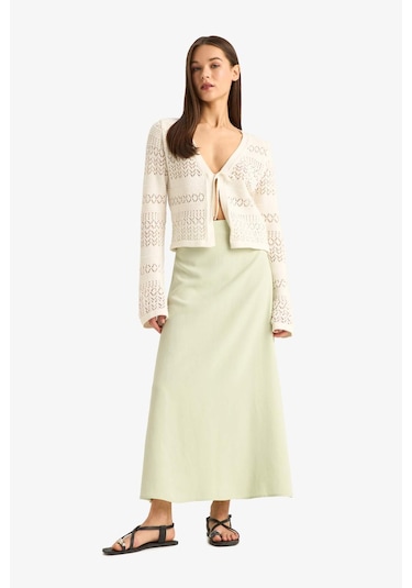 DeFacto A Kesim Yüksek Bel Keten Karışımlı Maxi Etek E9805AX25SMGN1181 Yeşil
