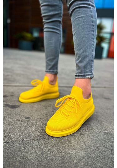 Pabucmarketi Bağcık Detaylı Triko Kumaş Erkek Spor Ayakkabı Sarı Çok Renkli