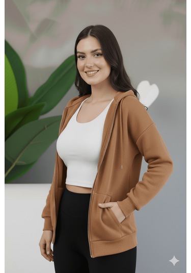 Kadın Genç Unisex Cepli Kapüşonlu Fermuarlı Sweatshirt Hırka Açık Kahve