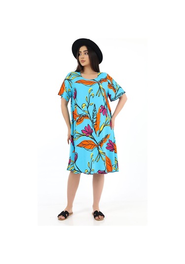 Schık Kadın Viskon Yarım Kol Kare Yaka Elbise Desenli Çok Renkli