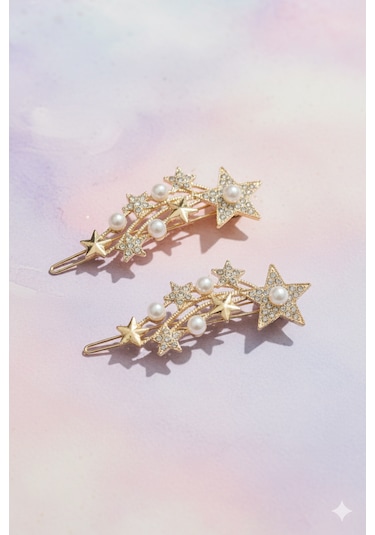 Yıldız Şekilli İnci Detaylı Metal Toka, Metal Klipsli Yıldız İnci Toka 2 Adet Altın