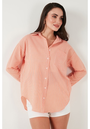 Lela Regular Fit Uzun Kollu Cepli Çizgili Bayan Gömlek 6772895 Oranj