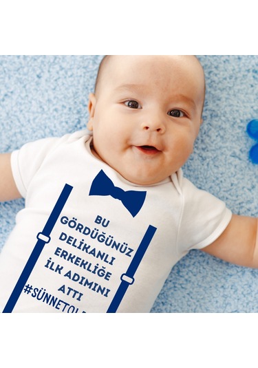 Sünnet Oldum Erkekliğe İlk Adım Baskılı Çıtçıtlı %100 Organik Pamuk Bebek Body Zıbın Beyaz