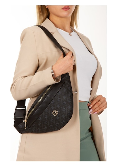 Newish Polo Kadın Desenli Çapraz Omuz Askılı Bel Omuz Çanta Siyah