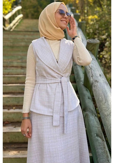 Azize Etek Yelek Takım Ekru Çok Renkli