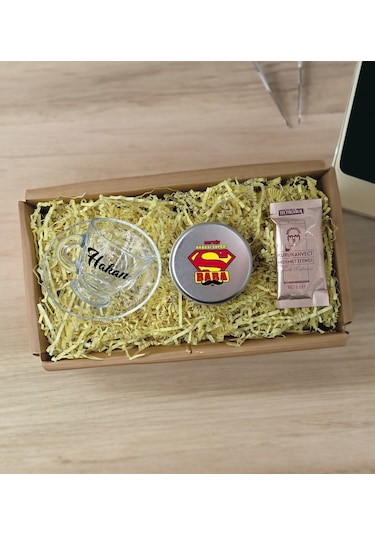 Bk Gift Kişiye Özel İsimli Dtf Baba Temalı Cam Kahve Fincanı + Türk Kahvesi + Gümüş Kutuda Mum Set 4