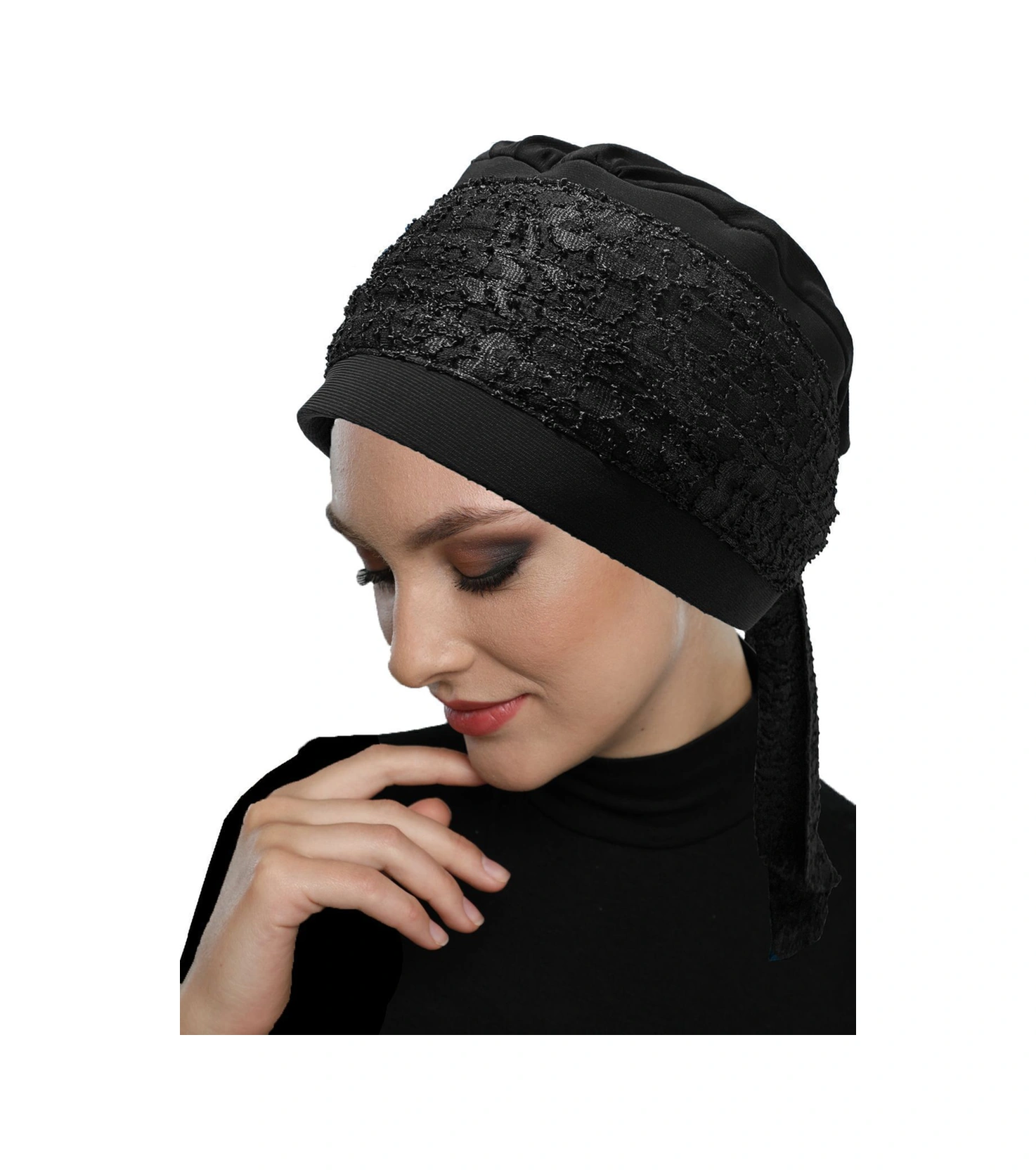 Dantel Bandana Siyah Hazır Türban Tesettür Bone Siyah