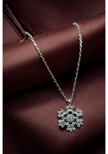 Modagümüşevi 925 Ayar Gümüş Baget Taşlı Kar Tanesi Kolye, Gümüş Kadın Kolye, Kar Tanesi Kolye
