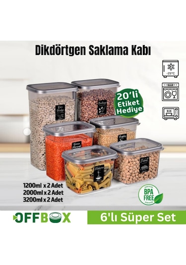 Offbox Dikdörtgen Bakliyat Baharat Gıda Saklama Kabı - 3 Çeşit - 6 Adet Antrasit Şeffaf