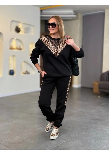 Kadın Üç Iplik Kumaş Leopar Desenli Dantel Detaylı Ikili Takım Siyah