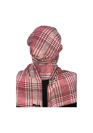 Yün Kasket Şapka Atkılı Ekose Desenli Bordo-krem Hazır Türban Tesettür Bone Bere Bordo - Krem