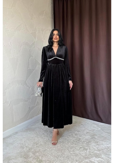 Siyah Göğüs Altı Taşlı Elbise Siyah