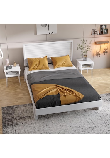 Ebruli Model Beyaz Renk Çam Ahşap Karyola Ve İki Komodin Set Dikey -290 120 x 200