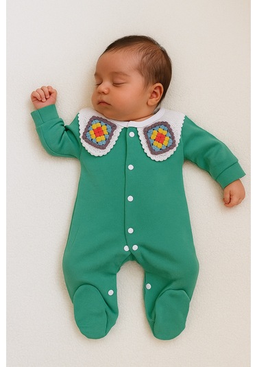 Kız Bebek Wintage Örgü Yaka Detaylı Tulum %100 Pamuk Yeşil