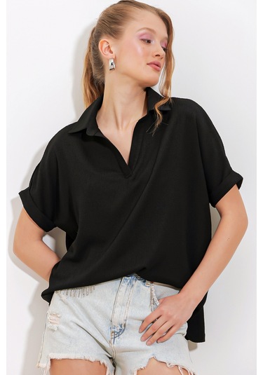 Bigdart Kadın Siyah Oversize Polo Yaka Örme Bluz 0486 001