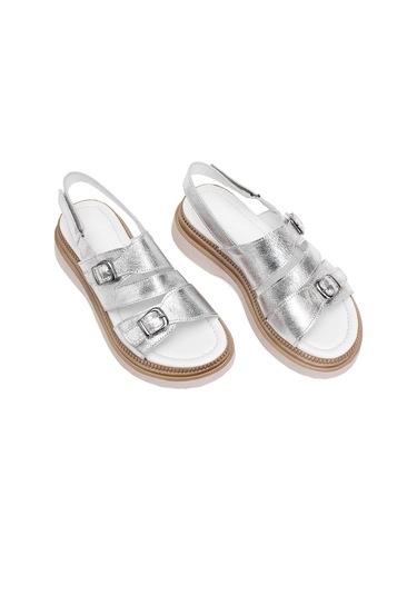 Elit Vesta Kadın Hakiki Deri Düz Sandalet Gümüş Gümüş