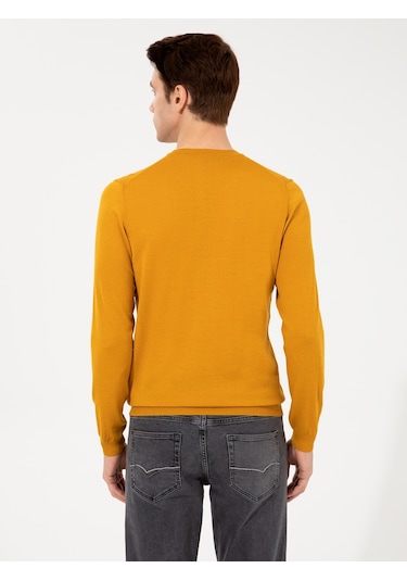Cacharel Sarı Slim Fit Bisiklet Yaka Basic Triko Kazak