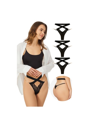 Dantelli Zincir Detaylı Kadın Tanga Külot 3'lü Paket Renkli-2 Çok Renkli