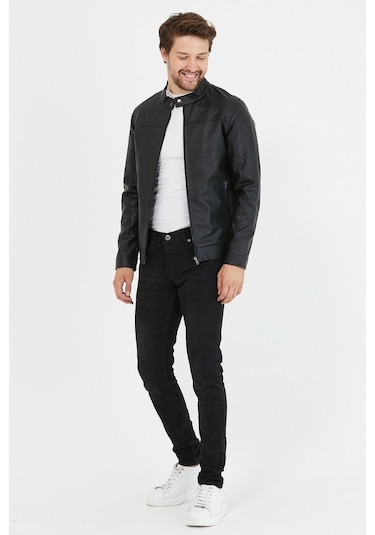 Erkek Siyah Yeni Sezon Dar Kesim Deri Ceket Mont-Siyah