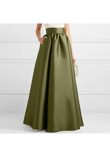 Zanzea Kadın Moda Yüksek Bel A-line Saten Etekler Düz Renk Parti Uzun Etekler Asker Yeşili Yeşil