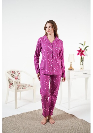 Estiva Likralı Penye Önden Düğmeli Bayan Pijama Takım Mürdüm