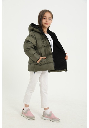 Freemen Kız Çocuk Haki Polarlı Kapüşonlu Su Geçirmez Rüzgara Dayanıklı Şişme Kışlık Mont Haki